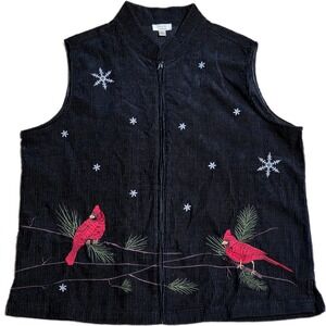 Baxter & Wells Corduroy Cardinal Embroidered Vest Women's Size L Black Snowflake